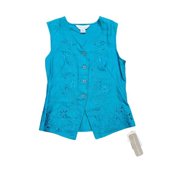 Vtg Casual Corner Linen Vest Women 4 Blue Embroidered Floral Boho Eyelet Cottage - Picture 1 of 8
